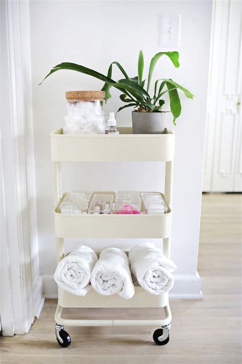 Use a small stool for setting things down and holding baskets. Bathroom Organization Tips - A Beautiful Mess