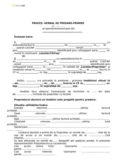 Model Proces Verbal Predare Imobil C Tre Chiria I Proces Verbal De Predare Primire Nr