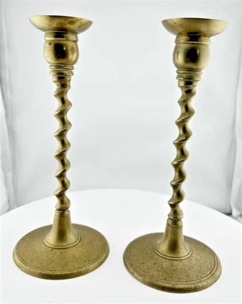 Vintage Pair Brass Candlesticks Barley Twist Spiral 8 Tall Candle