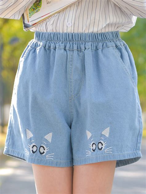 Mori Girl High Waist Denim Shorts Japanese Cute Fashion Cat Embroidery