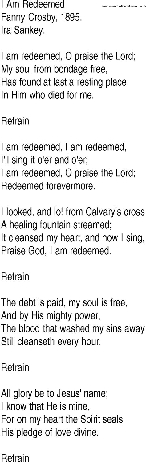 Hymn And Gospel Song Lyrics For I Am Redeemed By Fanny Crosby