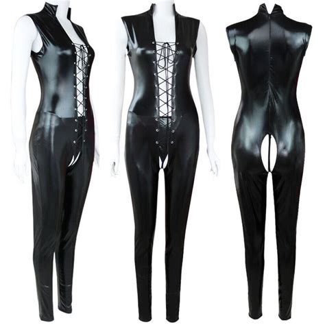 Damen Sex Kostüm Suit Kostüm Latex Leder Catsuit Open Crotch Zipper Bodysuit Ebay