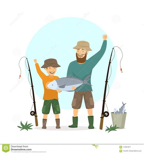 Escena Emocionada Feliz De La Pesca Del Padre Y Del Hijo Ilustración