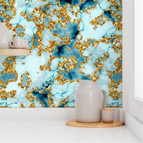 Marble Glitter Gold Teal Textured Wallpaper Spoonflower
