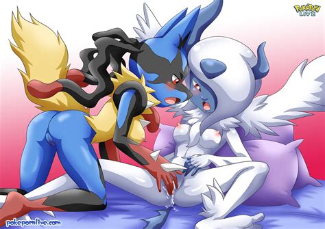 Rule 34 2girls Absol All Fours Anthro Bbmbbf Bed Bedroom Blush Breasts Chest Tuft Cum Cum On