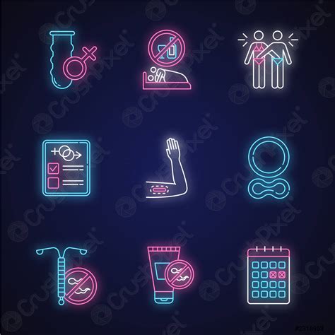 Safe Sex Neon Light Icons Set Condom Sober Intercourse Mutual Stock