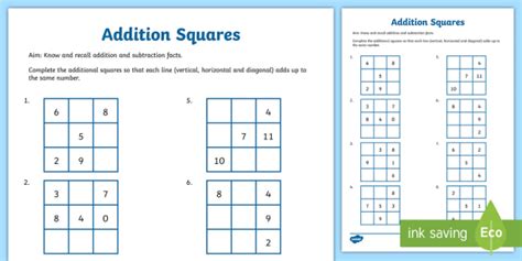 Addition Squares Worksheet Teaching Resources