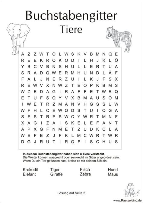 Suchsel lernspiel rätsel wörterraten deutsch. Buchstabengitter mit Tiere | Kreuzworträtsel für kinder ...