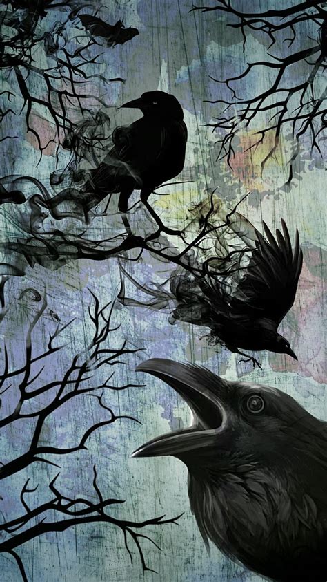 Raven Abstract Birds Branches Crow Goth Poe Tree Hd Phone