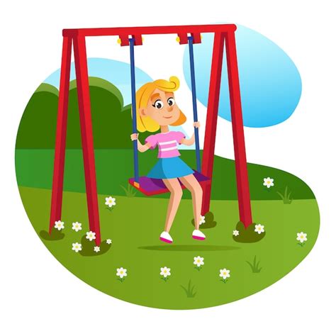 Happy Cartoon Girl Sitting On Swing At Playground Premium Vector