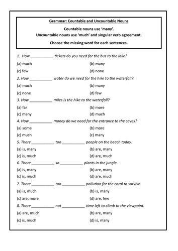 Manymuch Countable And Uncountable Nouns Exercise Teaching Resources