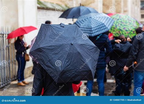 Crowds Of People With Umbrellas Stock Image Image Of Busy Street