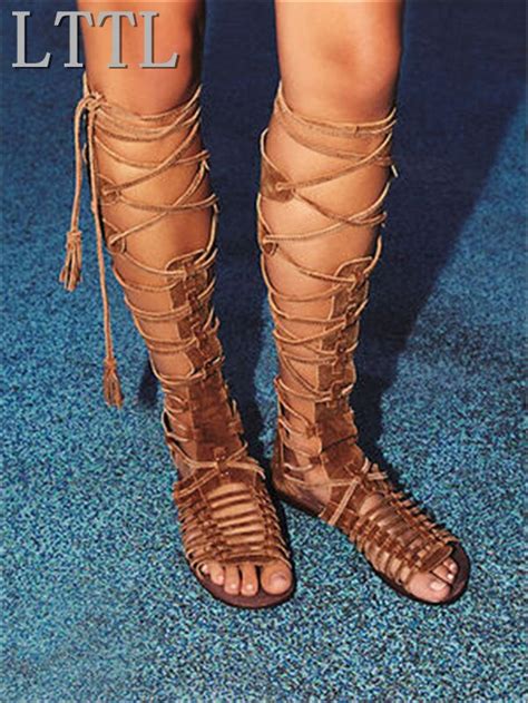 Lttl Summer Fashion Lace Up Long Gladiator Sandals Flat Cut Outs Knee High Women Boots Peep Toe