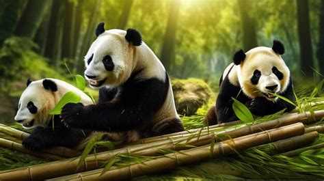 Premium Ai Image Playful Pandas Amidst Bamboo Forest