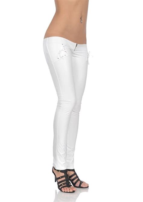 Sexy Low Rise White Pants Hipster Jeans Lace Up Women Lady Glossy Zip Up Pu Leather Fashion