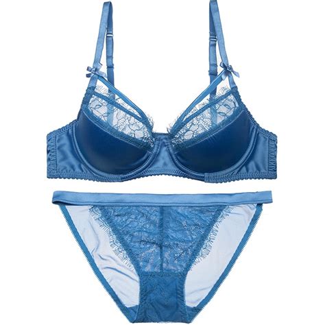 New Luxury Blue Bra Set Women Sexy Eyelash Lace Hollow Out Strappy
