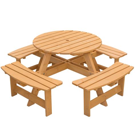 Wooden Outdoor Patio Garden Round Picnic Table With Bench 8 Person Stained Michaels