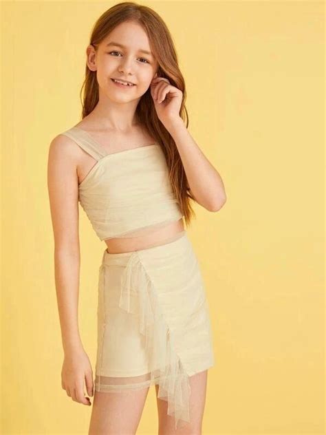 Girls Mesh Overlay Tank Top And Ruffle Skirt Set Tween Fashion Outfits Girls Fashion Clothes