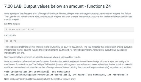 Solved Lab Output Values Below An Amount Functions Chegg Com