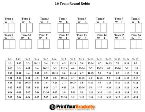 16 Team Round Robin Printable Tournament Bracket Tournaments