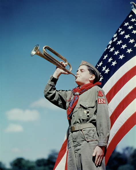 1950s Boy Scout Blowing Bugle In Front Photograph By Vintage Images