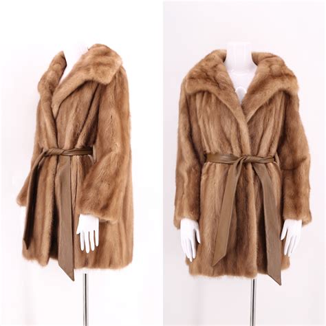 70s glossy fawn mink belted coat vintage 1970s hip length fur coat w leather sash m l