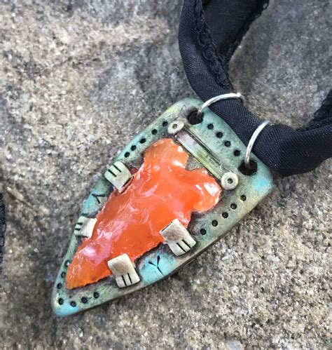 Mexican Fire Opal Arrowhead Amulet Necklace With Silk Cord Clay