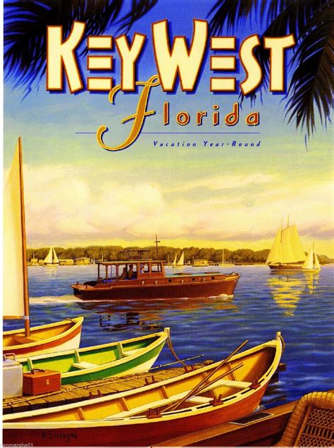 Key West Florida Boats Ocean United States Travel Advertisement Art