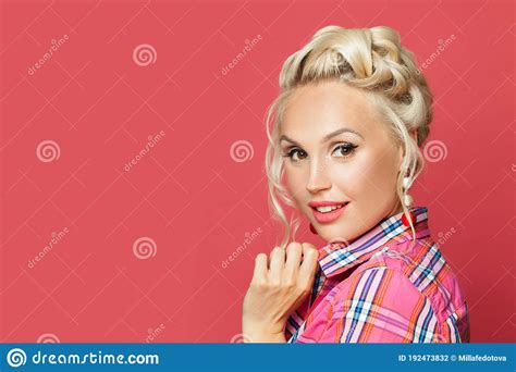 Beautiful Retro Woman With Red Lips Makeup And Old Fashioned Hairstyle