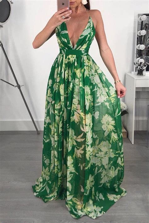 New Trendy Cute Maxi Dress Sexy Floral Print Deep V Neck Gowns