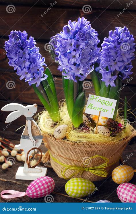 Easter Decoration With Fresh Hyacinth Flowers On Wooden Background