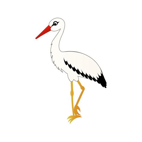 Crane Bird Isolated On White Background In Cartoon Style Stork Stands