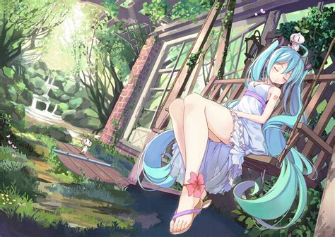 Wallpaper Long Hair Anime Girls Blue Hair Blue Eyes Grass Legs Vocaloid Hatsune Miku