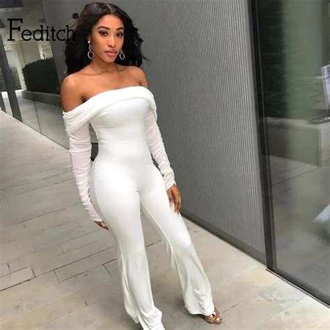 Feditch Autumn Winter Jumpsuit Womens Romper White Elegant Long Playsuit Bodycon Sexy Fitted