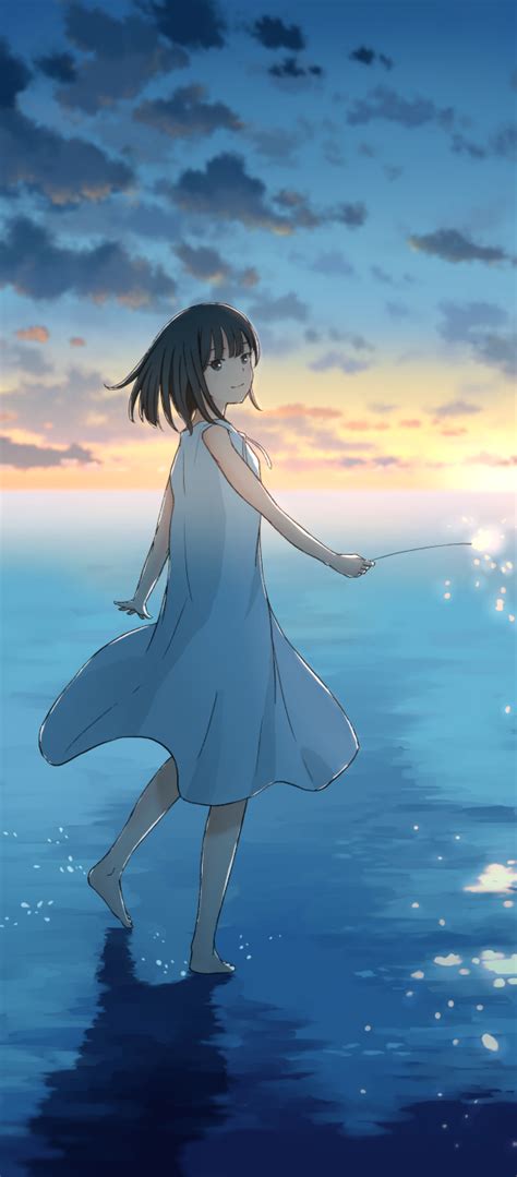 1080x2460 Resolution Cute Anime Girl Sunset Draw 1080x2460 Resolution