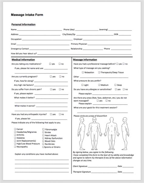 Free Massage Client Intake Form Template Printable Templates