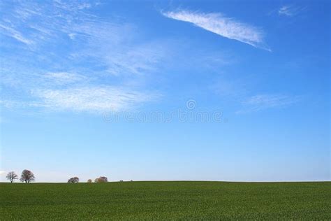 Beautiful Minimalist Spring Landscape Plain With Green Meadows Blue Sky