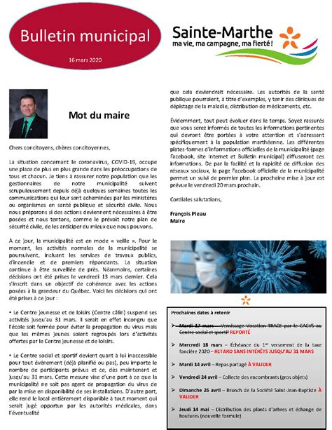 Bulletin Municipal Du 16 Mars 2020 Municipalité De Sainte Marthe