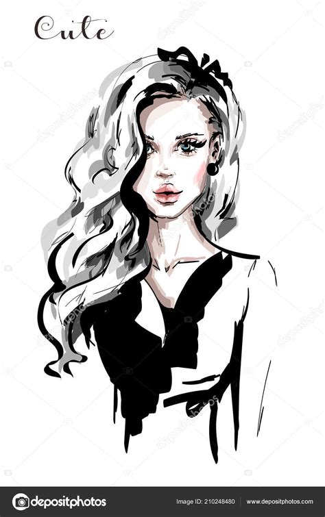 Hand Drawn Beautiful Young Woman Long Blonde Hair Stylish Elegant Stock