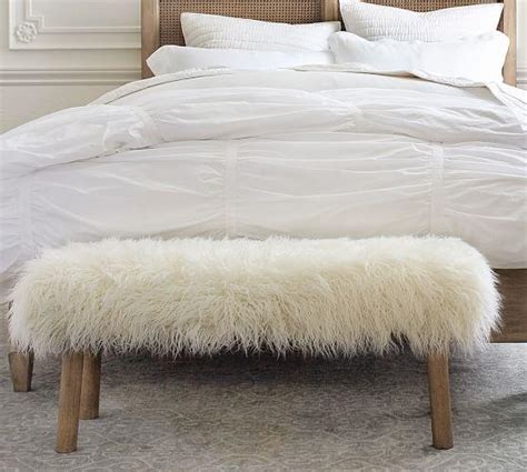 White Mongolian Faux Fur Wooden Legs Bench