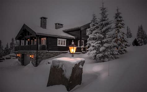 Winter Night Light Houses Snow Trees Hd Wallpaper Pxfuel