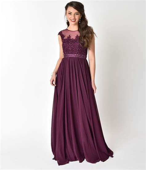 Eggplant Purple Embellished Lace Chiffon Cap Sleeve Prom Gown Prom