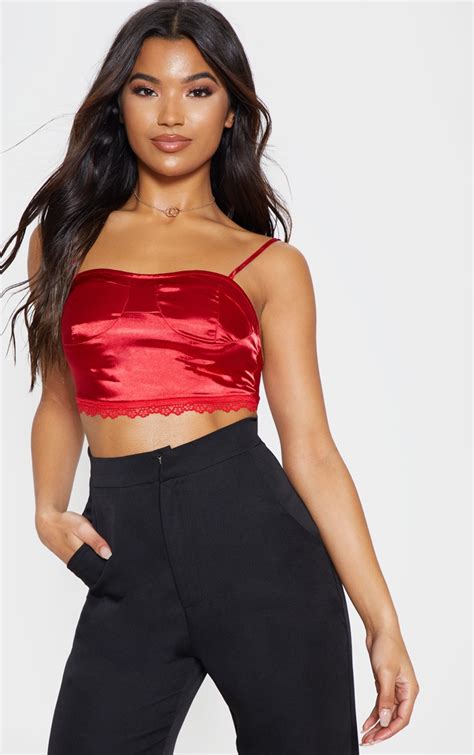 Red Satin Cup Detail Crop Top Tops Prettylittlething Sa