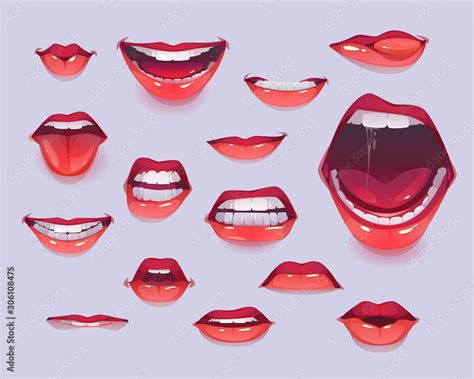 Vecteur Stock Woman Mouth Set Red Sexy Lips Expressing Different Emotions As Happy Smiling