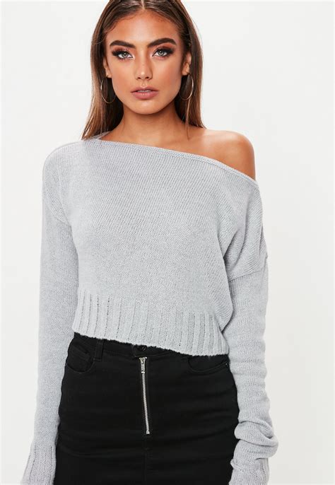 Grey Off Shoulder Knitted Cropped Jumper | Missguided