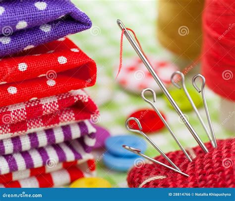 Colorful Fabrics Buttons Pin Cushion Thimble Spools Of Thread For