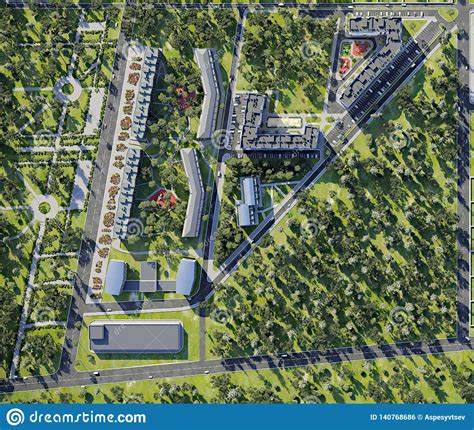 Aerial View Of Summer Green Town 3d Render Stock Illustration