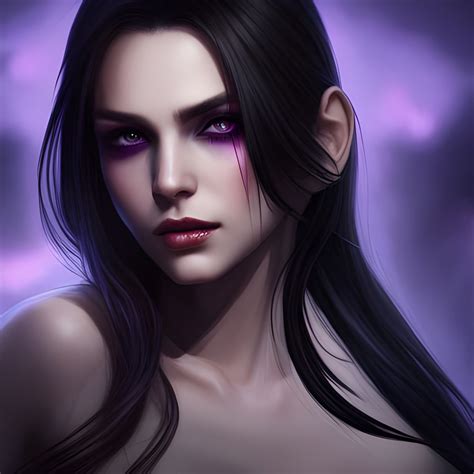 stunning female dark elf black hair purple eyes goth theme head and shoulders portrait 8k