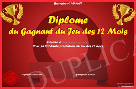Diplome Du Gagnant Du Jeu Des 12 Mois