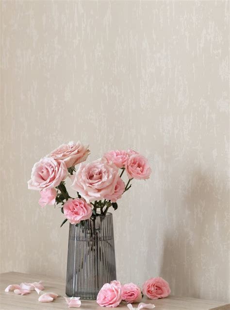 Still Life With Pink Roses In Glass Vase Stock Photo Image Of Beauty